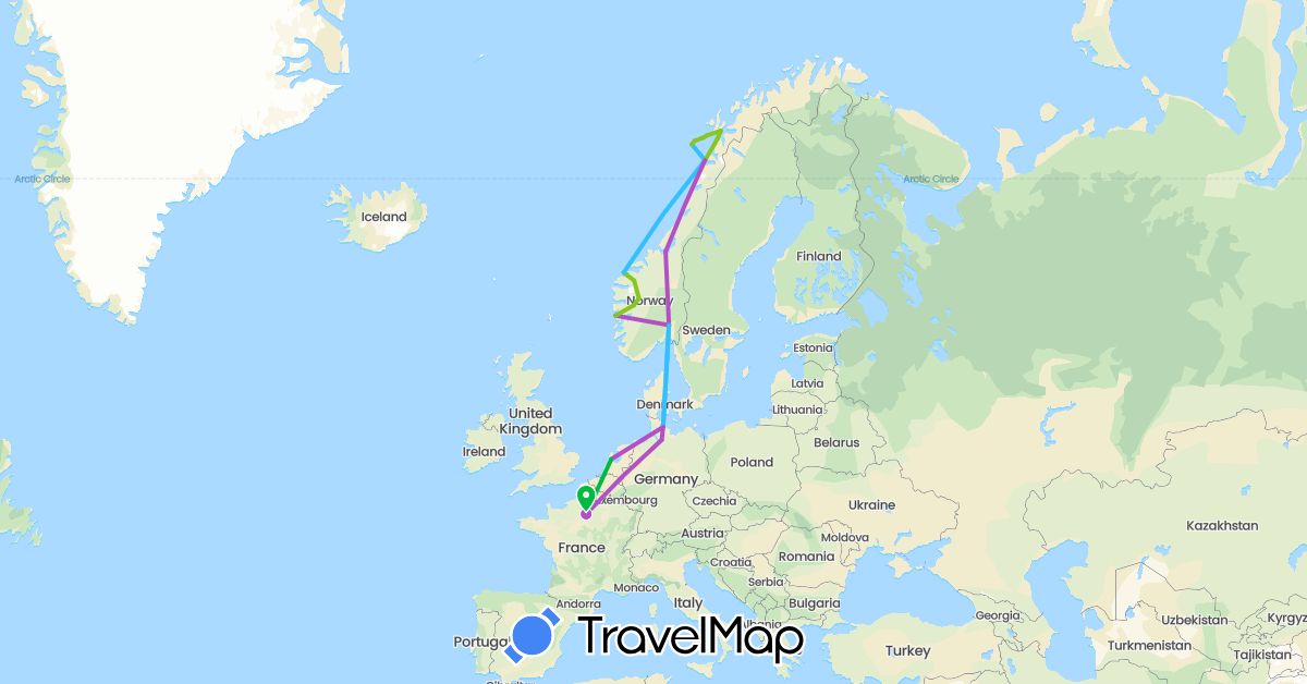 TravelMap itinerary: driving, bus, train, boat, electric vehicle in Germany, France, Netherlands, Norway (Europe)